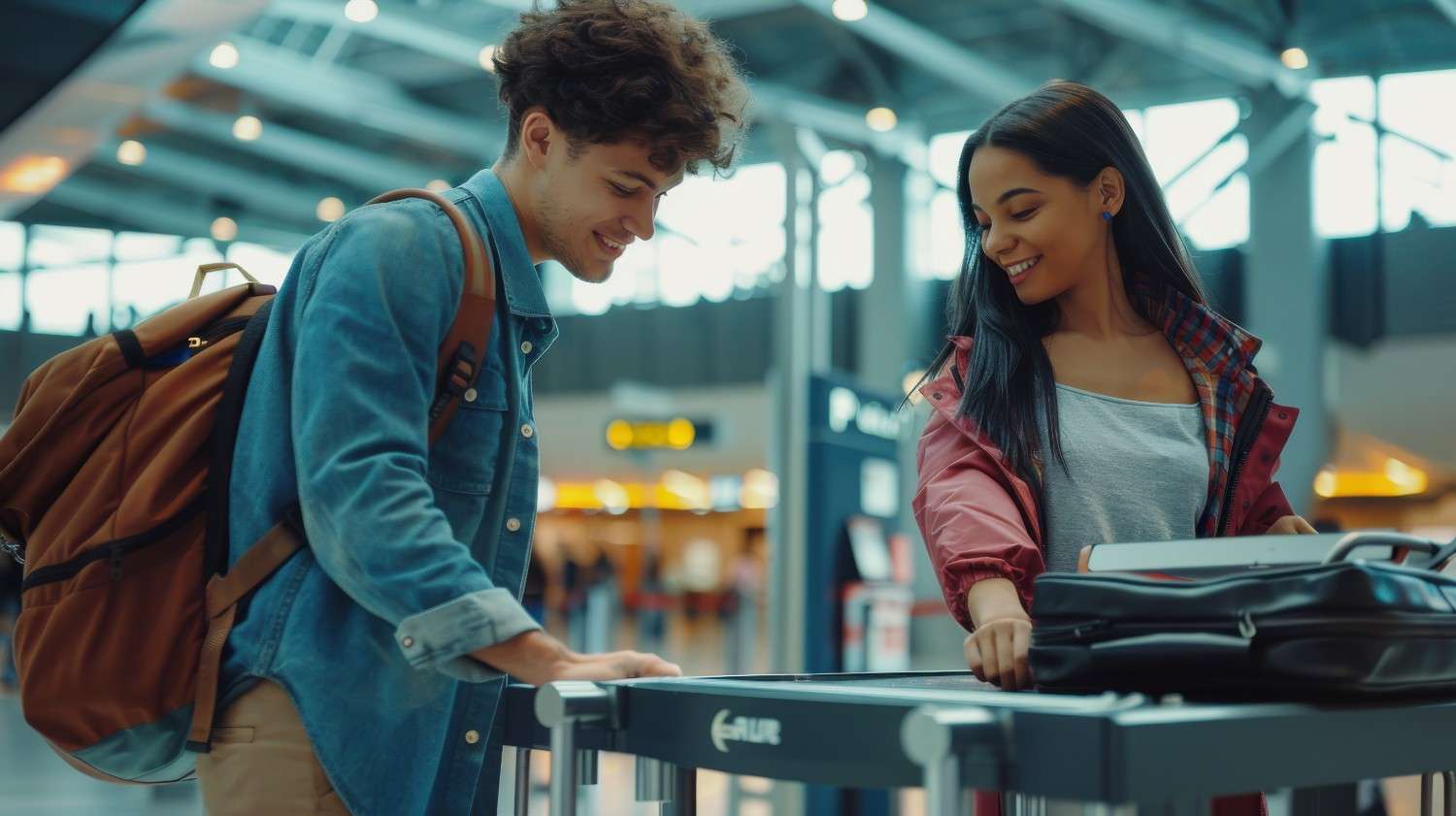 Travellers checking baggage weight at the airport