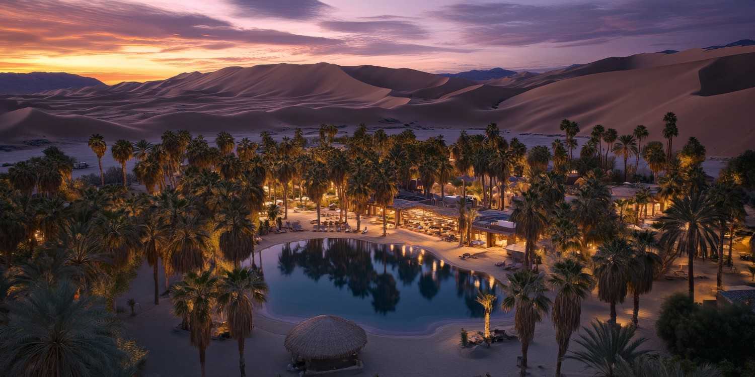 Desert oasis resort surrounded by palm trees