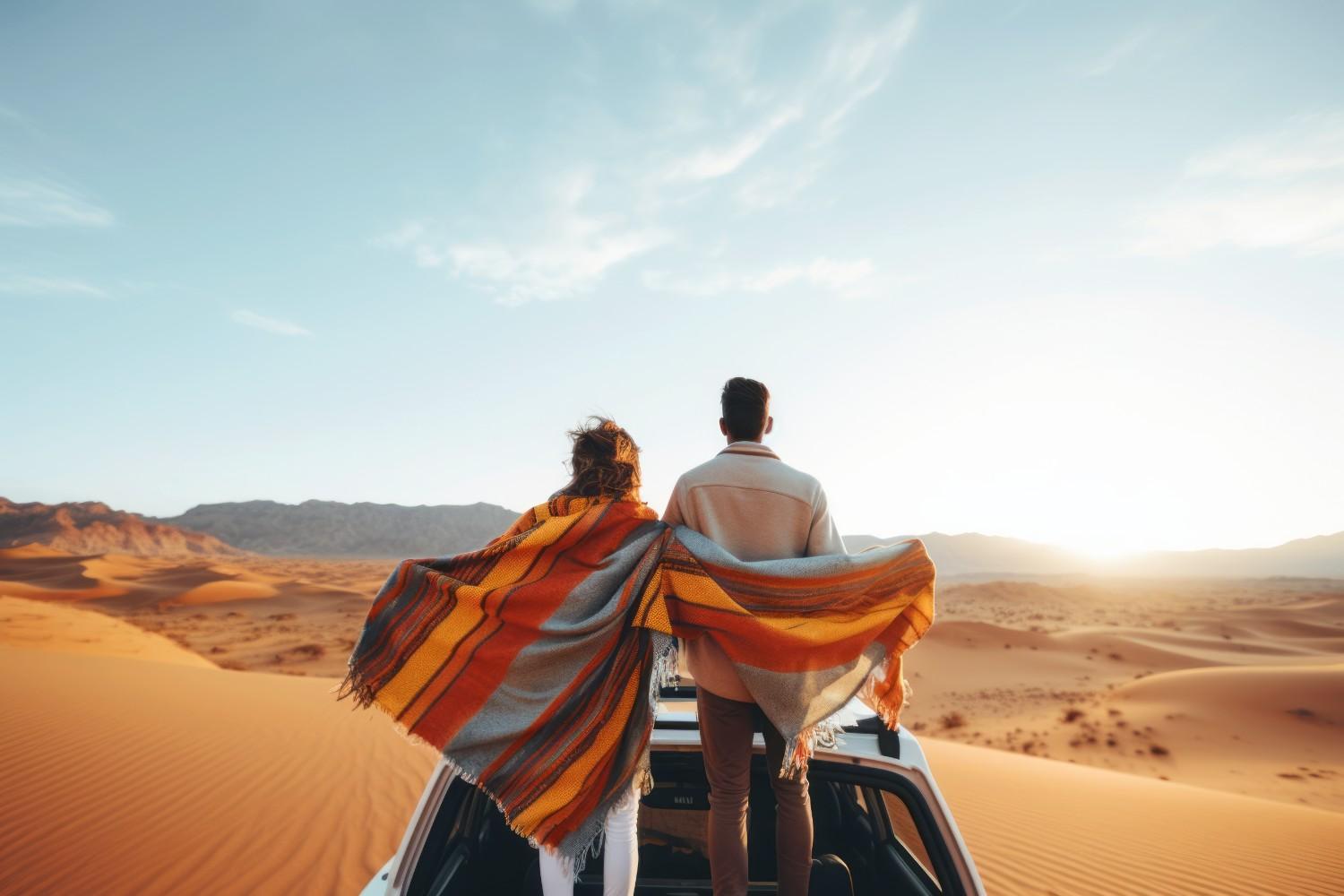 Off-road vehicle travelling across UAE desert dunes