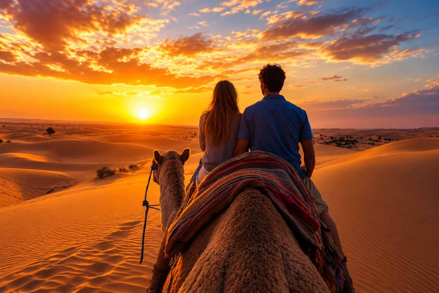 Camel ride through the desert at sunset