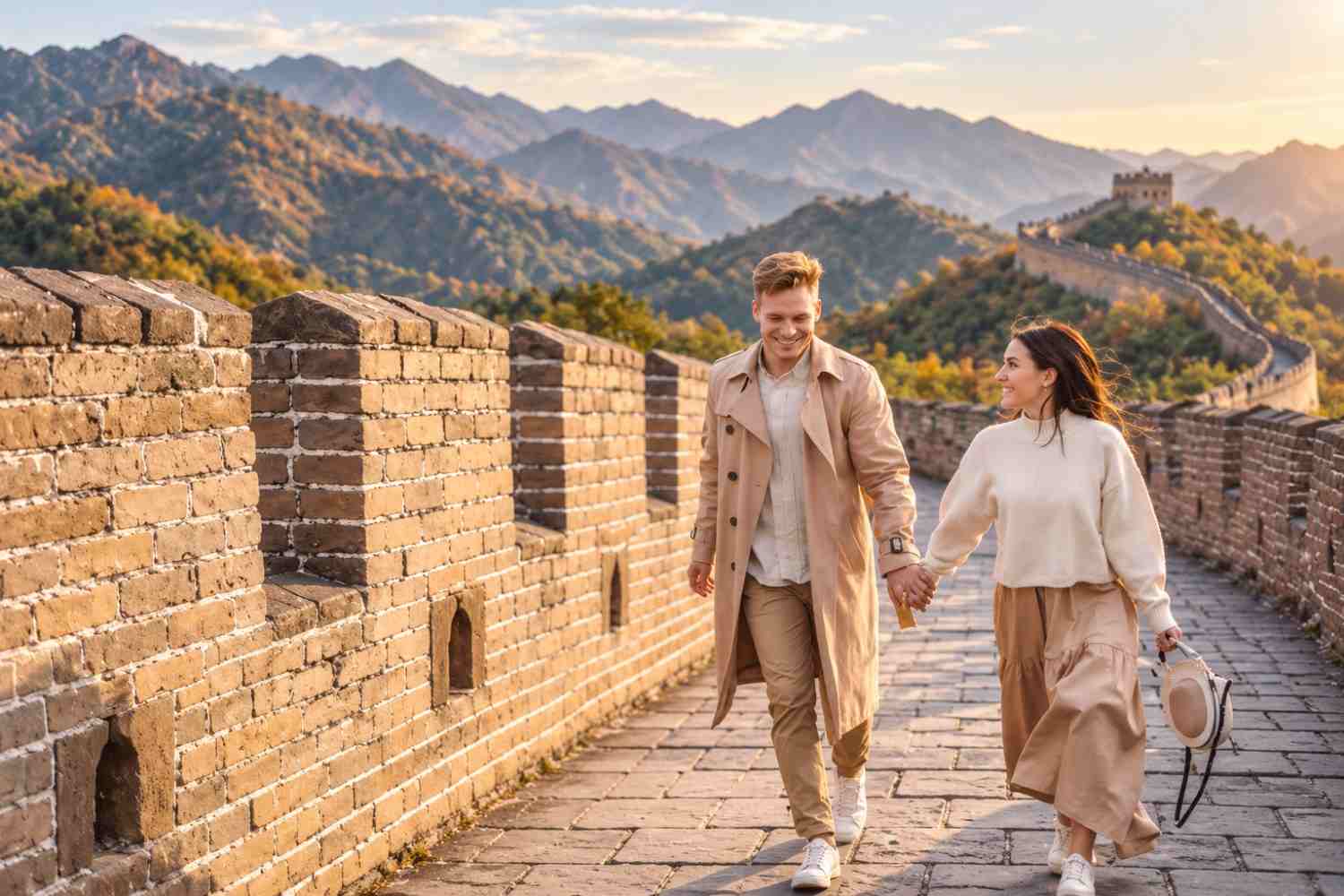 Couple walking along the Great Wall of China