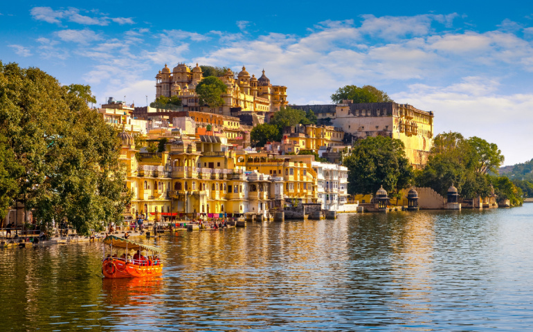 Panoramic view of city of lakes, Udaipur with lake Pichola from Ambrai ghat, Rajasthan, India.
