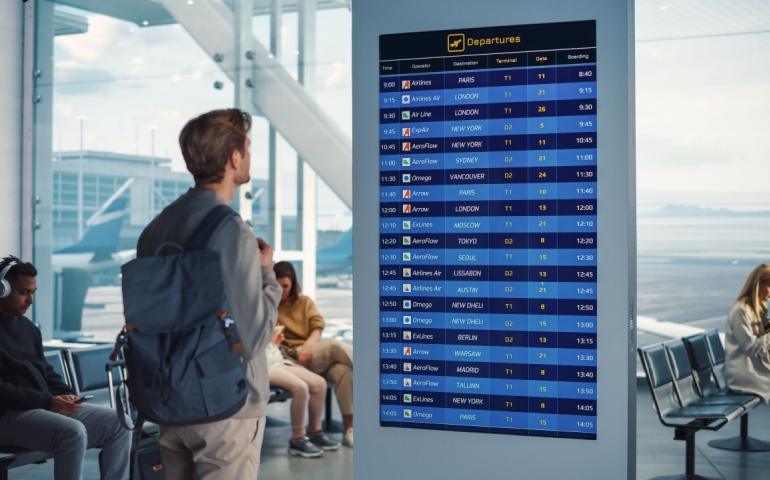 Man looking at arrival and departure information at the Airport