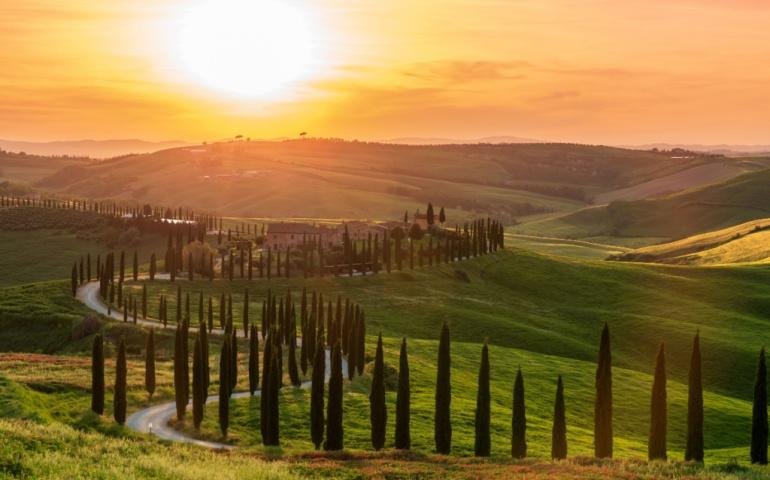 Val d'Orcia valley at sunrise in San Quirico d'Orcia, Tuscany

