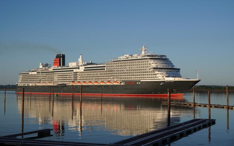 The newest Cunard passenger cruise ship Queen Anne sailing into home port of Southampton.
