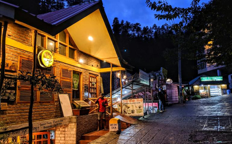 A cafe at night in Manali