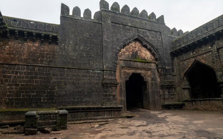 Ruins of the inner gate - Teen Darwaza of Panhala Fort at Maharashtra, India
