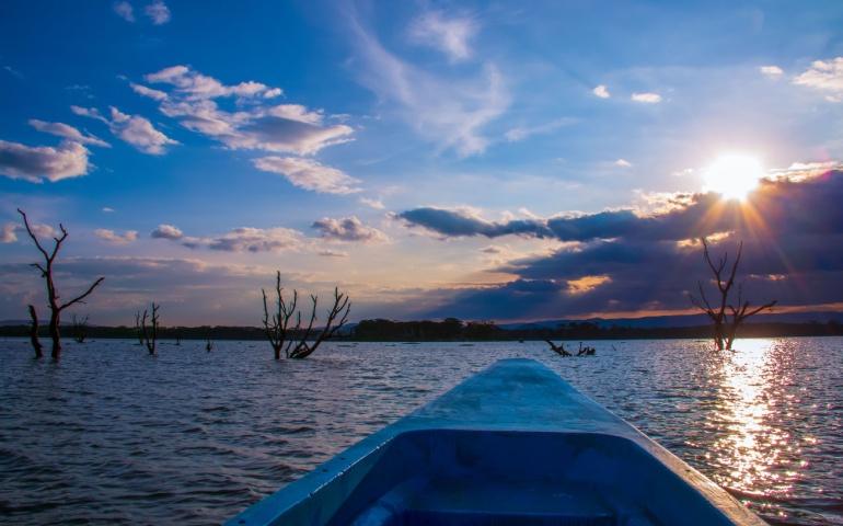 View of a blue fishing boat in Lake Naivasha in Kenya