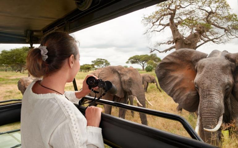 A woman tourist on a safari in Kenya