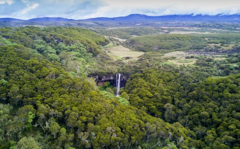 Aerial drone photo of mountain waterfall in Aberdares National Park, Kenya