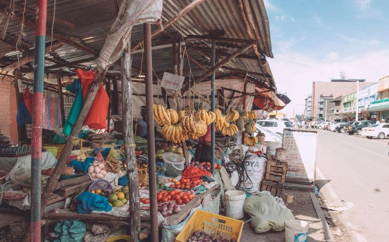 Fresh Fruits and Vegetables Displayed on a Stall in Kenya