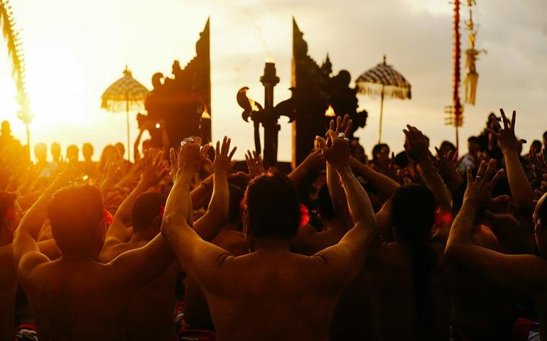 Vibrant Cultural Festival Ritual at Sunset in Bali