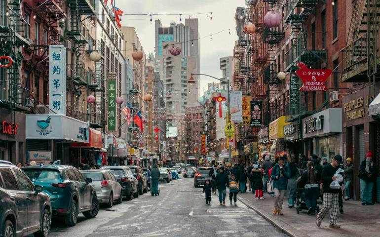 Bustling Chinatown Street in New York City