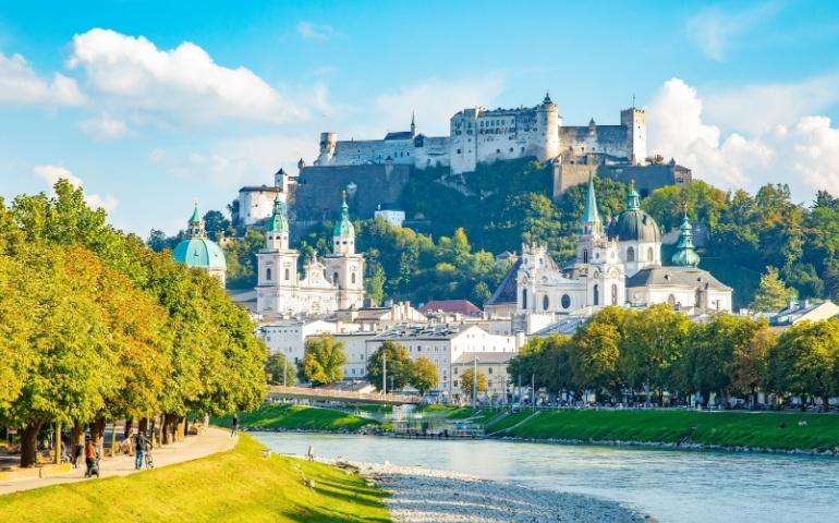 Scenic view of Salzburg old town skyline, Austria