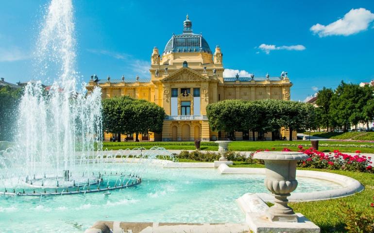  Art pavilion and fountain in Zagreb capital of Croatia