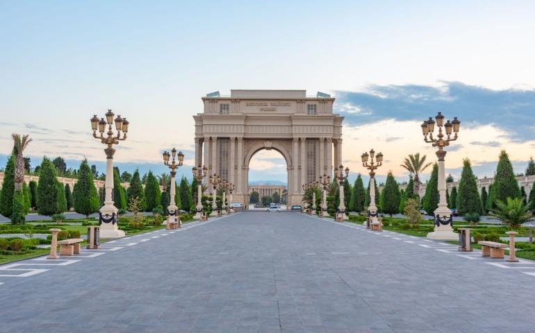 Triumphal arch at Heydar Aliyev park in Ganja, Azerbaijan
