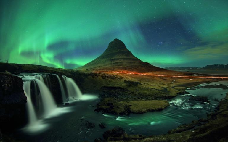 Northern Lights over Kirkjufell and Kirkjufellsfoss, Iceland