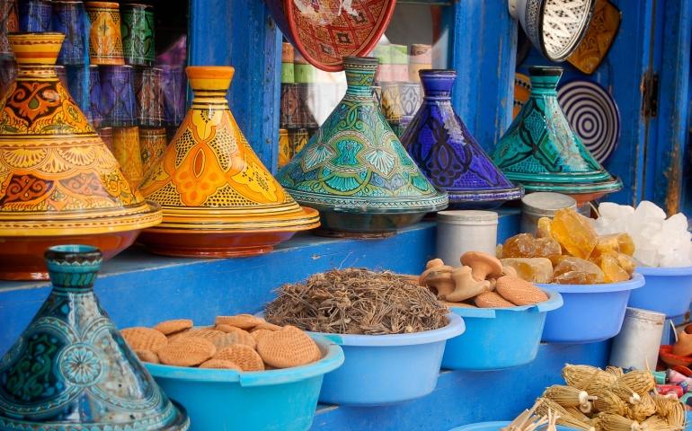 Colourful Tagine plates - store souk Morocco