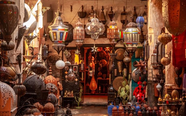 Traditional Lamp store in Marrakesh market souk, Morocco