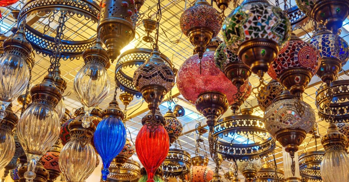 Things To Buy In Azerbaijan: Traditional oriental colourful lamps lanterns. Baku. Azerbaijan