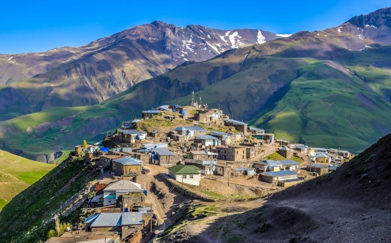 Spectacular summer view of the mountain village of Xinaliq (also known as Khinalug)

