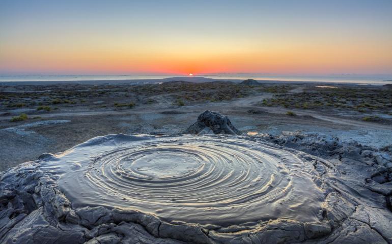 Active mud volcanoes in Gobustan desert, Azerbaijan