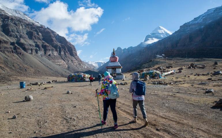 The Tibetans pilgrims during the first day of ritual kora (yatra) around sacred Mount Kailash