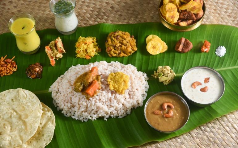 Dishes spread out on a Banana leaf