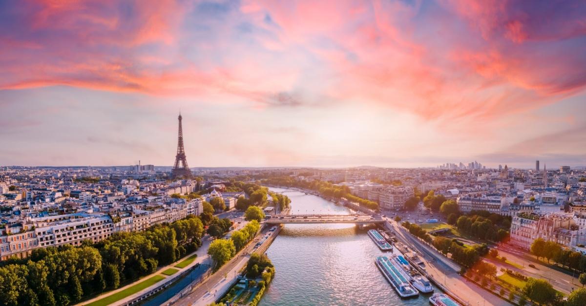 Paris aerial panorama with river Seine and Eiffel tower, France.