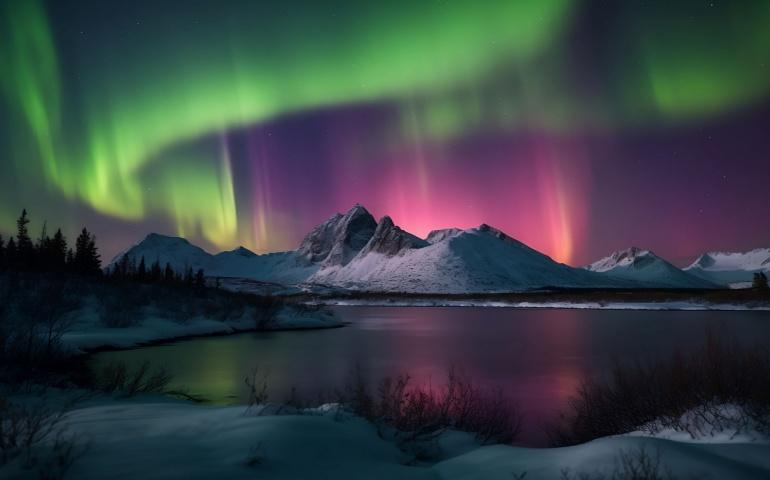 Vibrant Aurora Borealis swirling above Alaska’s mountain night sky