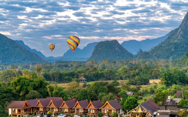 Top view scenery of Vang Vieng, a small town north of Vientiane, on the Nam Song River in Laos
