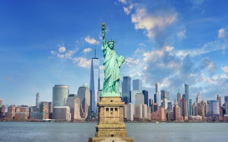 Panorama view of New York City with the Statue of Liberty