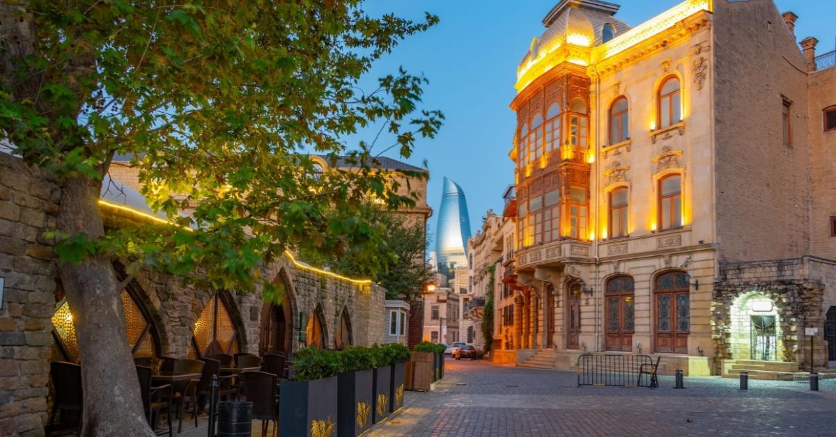 Mix of historical and contemporary architecture in the old town of Baku, Azerbaijan