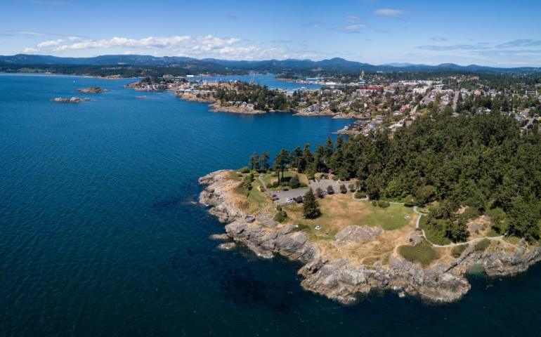 Aerial panoramic landscape view of a beautiful rocky shore on Pacific Coast, Victoria