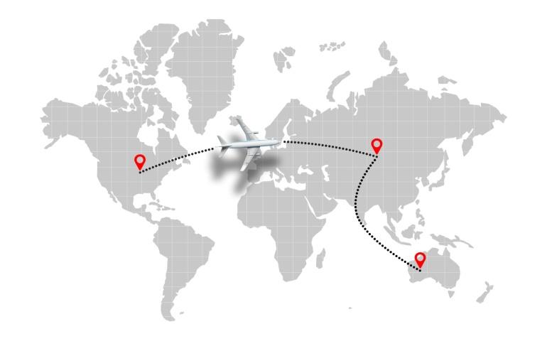 Aeroplane flight path concept on world map with points.