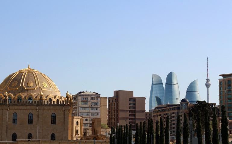 The Flame Towers and Baku TV tower seen from the gardens of Taza Pir Mosque