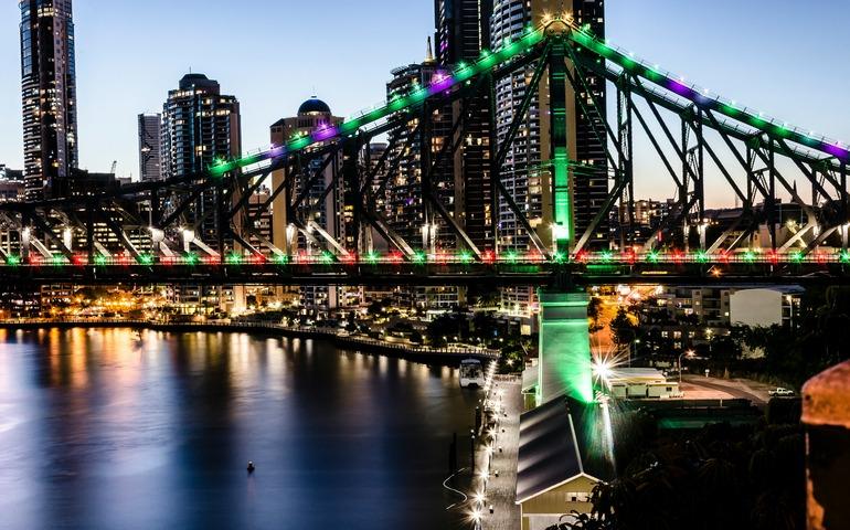 Story Bridge lights are colored for Christmas