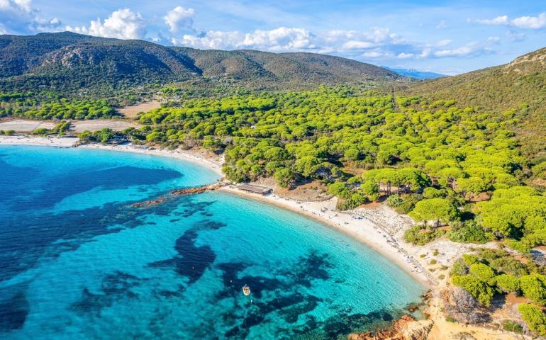 Aerial view with Palombaggia beach in Corsica island, France