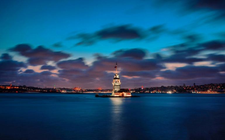 Lighthouse on Island on Bay at Night, Turkiye