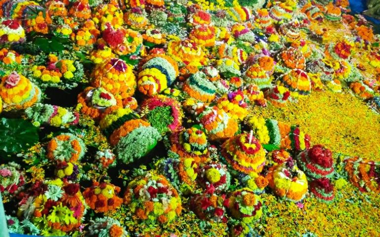 Floral arrangements made during Bathukamma Panduga
