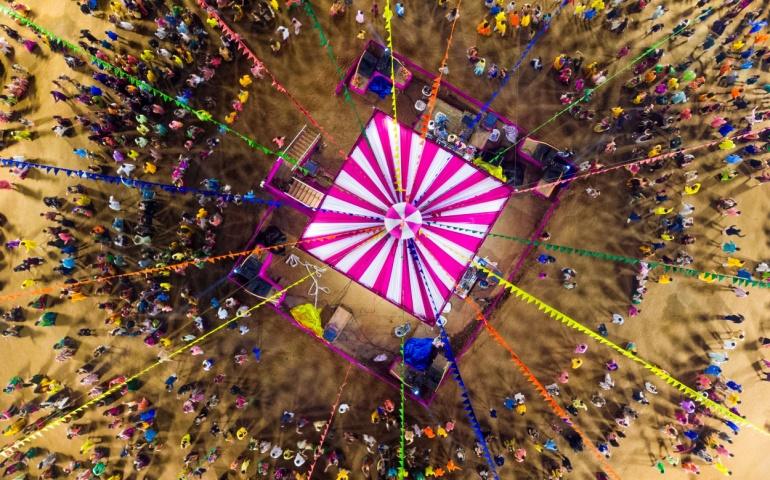 Aerial view of people dancing during Navratri