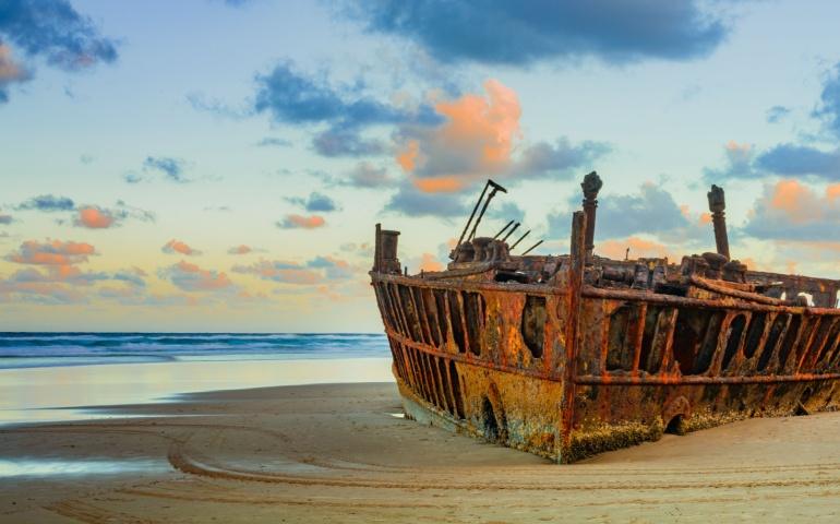 Maheno shipwreck at sunset on Fraser Island in Queensland, Australia