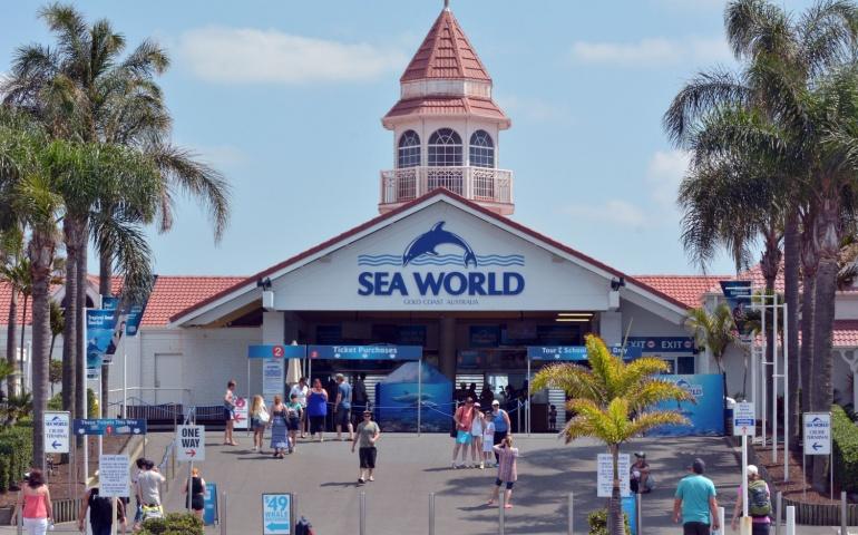 Entrance to Sea World - a sea animals theme park in Gold Coast, Queensland, Australia