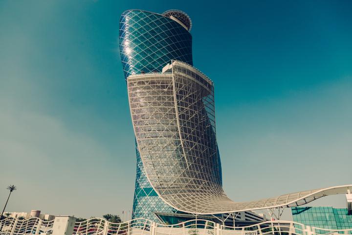 Exterior view of Hyatt Capital Gate Hotel. Abu Dhabi, United Arab Emirates.
