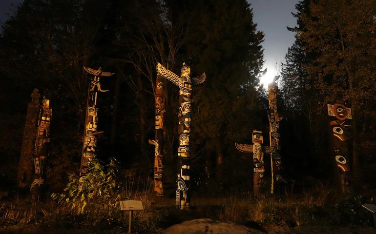 Indian Totem Poles under Moonlight in Stanley Park 