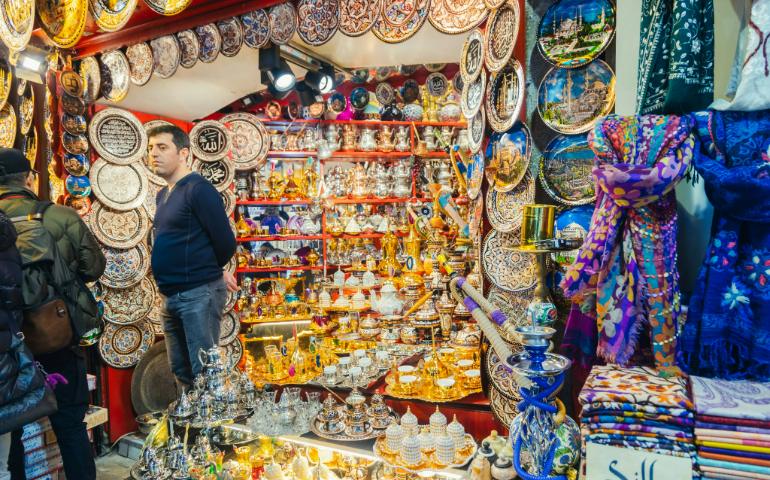 Store selling Turkish Utensils for Tea and Coffee at Turkish bazaar