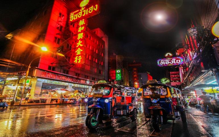 View of tuk-tuks in Bangkok’s Chinatown
