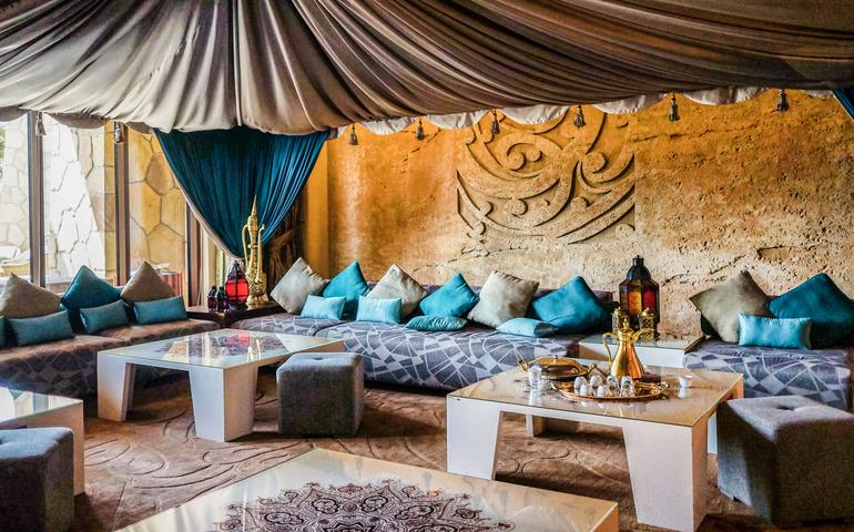 Modern and bright interior with marble decoration in the hotel Sofitel The Palm.