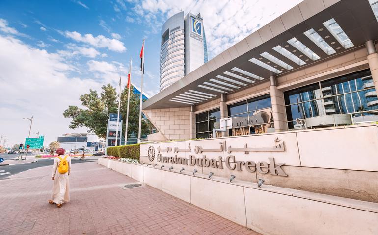 The entrance to the luxury Sheraton Dubai Creek Hotel