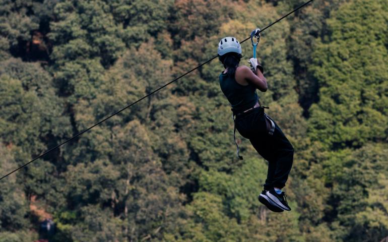 Ziplining Over Lush Green Forest